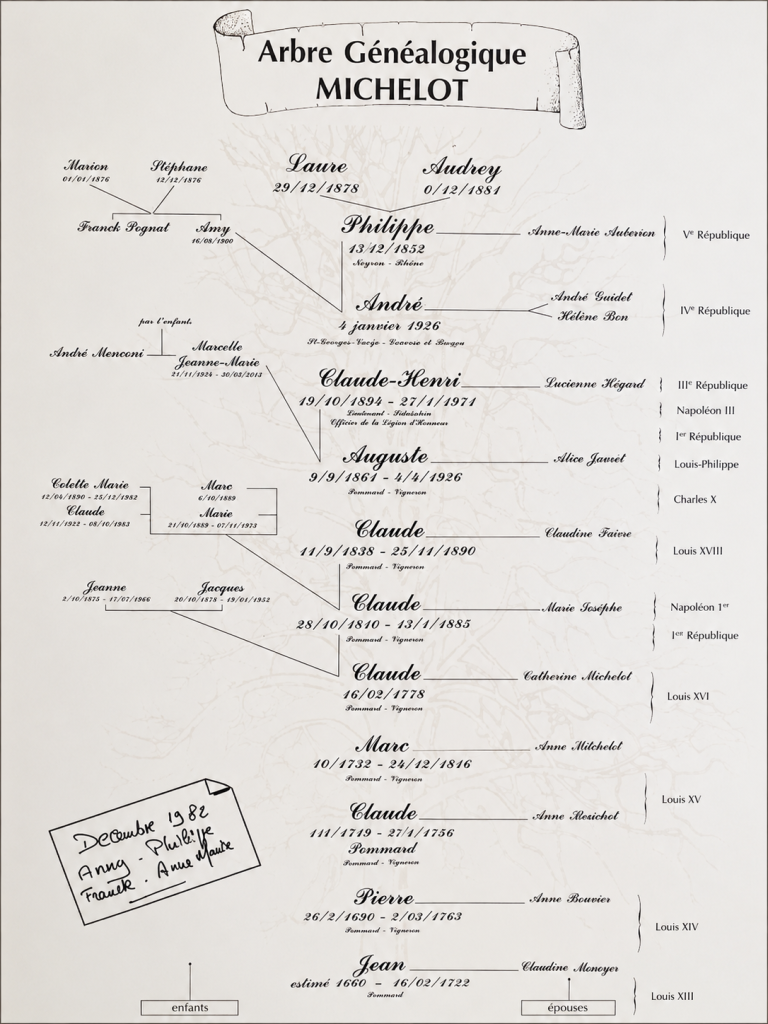 Arbre généalogique de la famille Michelot, douze générations de vignerons à Pommard de 1625 à 2025