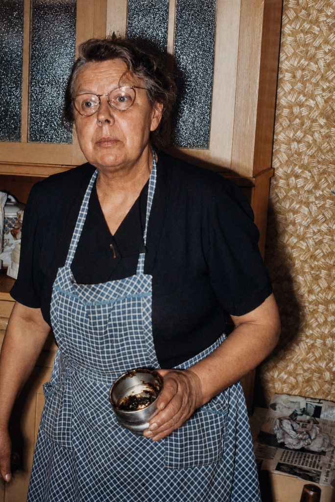 Et puis il y avait la tante Gaby. Gabrielle. Tablier à carreaux bleus et blancs, lunettes sur le nez, les cheveux un peu fous — toujours dans sa cuisine, toujours une casserole dans la main.