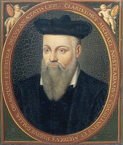 Portrait Nostradamus 1503-1566 - peint par Cesar de Nostredame ALT : Portrait peint de Michel de Nostredame (Nostradamus), 1503-1566, prophète et apothicaire né à Saint-Rémy-de-Provence, réalisé par son fils César de Nostredame LÉGENDE : Michel de Nostredame (1503-1566), portrait peint par son fils César de Nostredame. Portrait peint de Michel de Nostredame (Nostradamus), 1503-1566, prophète et apothicaire né à Saint-Rémy-de-Provence, réalisé par son fils César de Nostredame