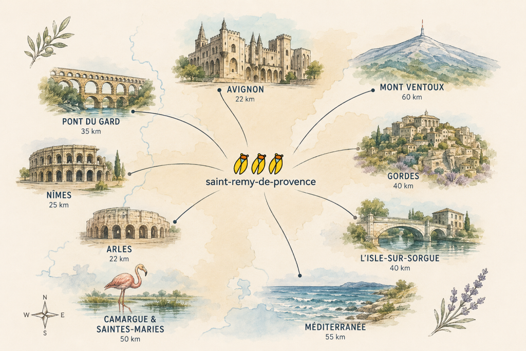 Carte d'orientation illustrée du Mas des Figues, points de vue de Saint-Rémy-de-Provence dans un rayon de 80 km : Mont Ventoux, Avignon, Pont du Gard, Camargue, Méditerranée
