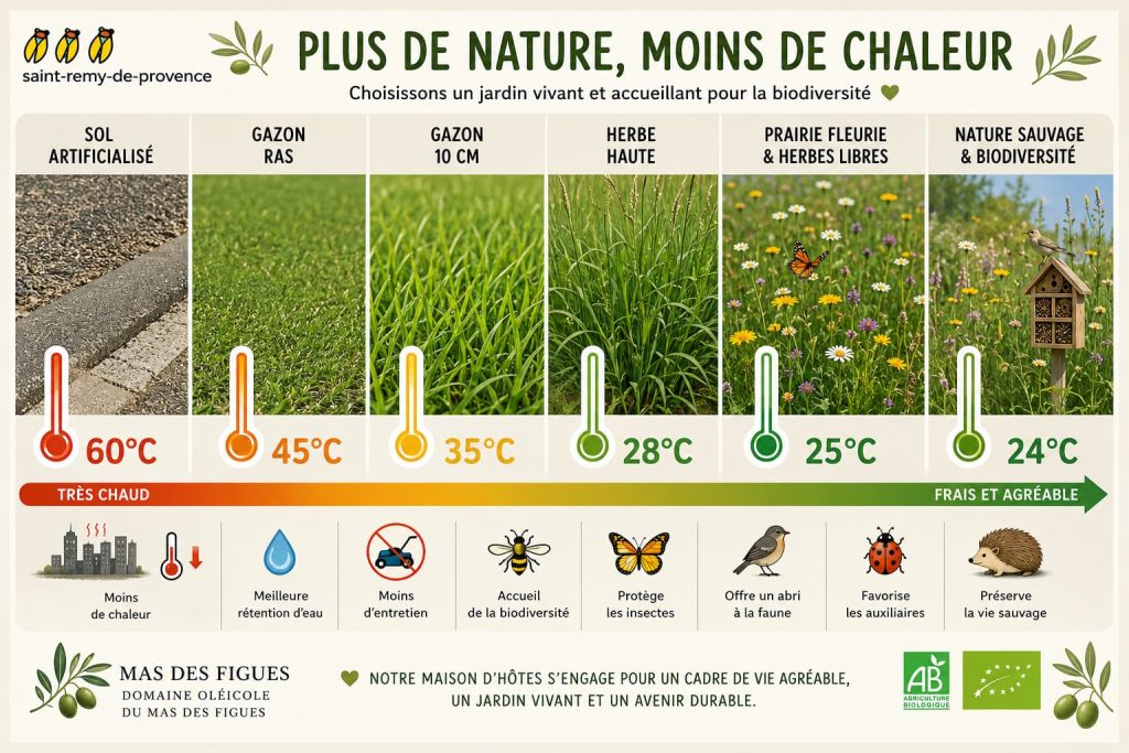 Infographie biodiversité et fraîcheur du jardin Mas des Figues : prairie fleurie versus sol artificialisé, engagement écologique à Saint-Rémy-de-Provence